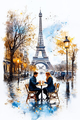 A couple shares coffee at a Parisian cafe while the Eiffel Tower stands majestically in the background on a rainy day