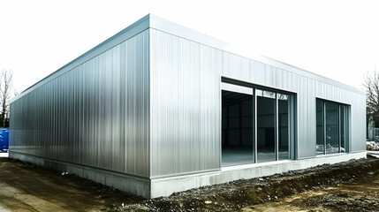 Fototapeta premium Modern metal building with large windows, designed for functionality and aesthetics.