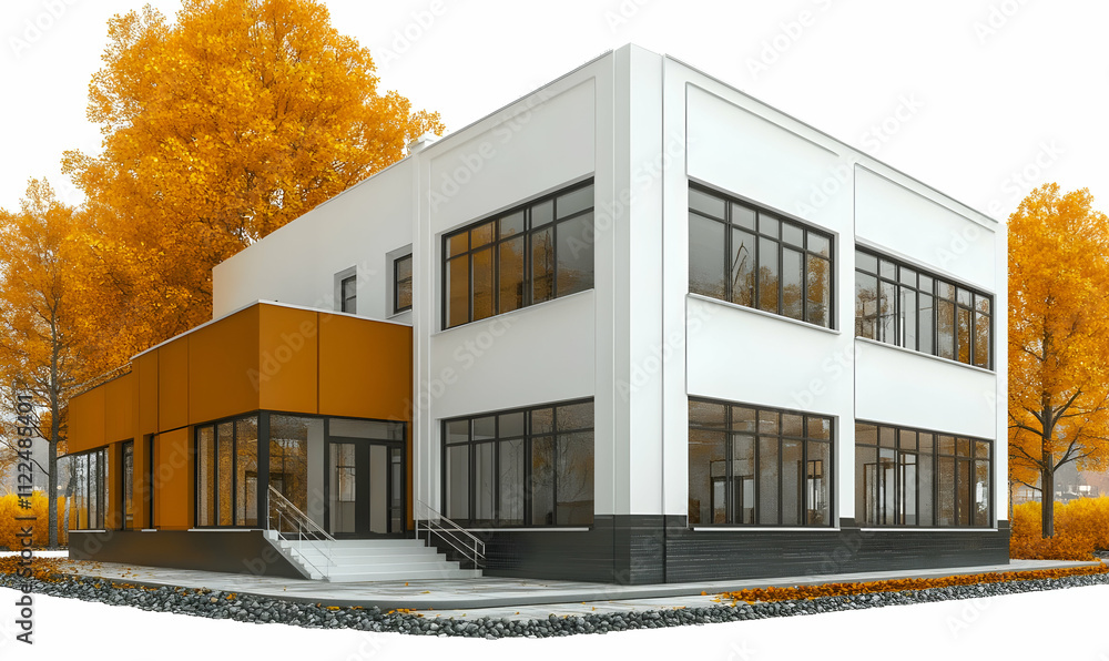Poster modern building with large windows surrounded by autumn trees.