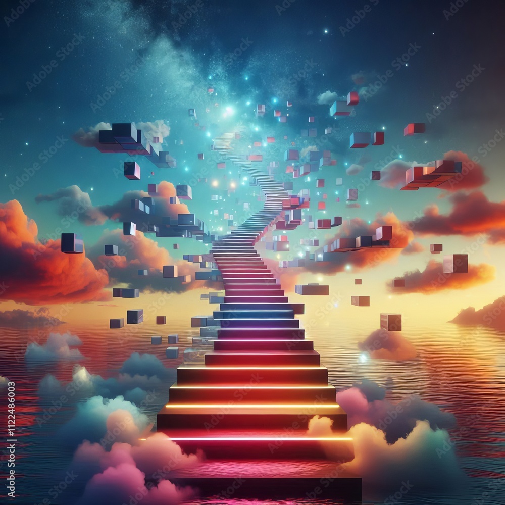 Aufkleber a staircase leading into the sky each step floating and glowing