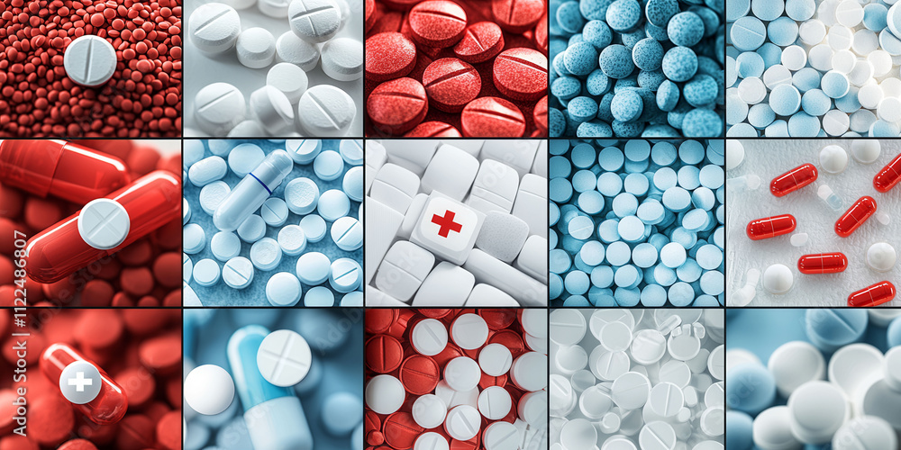 Poster a collage of pills in various colors and shapes. concept of diversity and complexity, as each pill i
