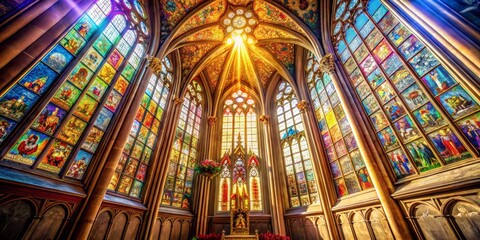 Obraz premium Vibrant stained glass illuminates a Gothic cathedral's interior, showcasing medieval artistry in high-resolution detail.