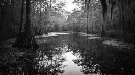 Mysterious black and white landscape in a serene swamp with tranquil waters
