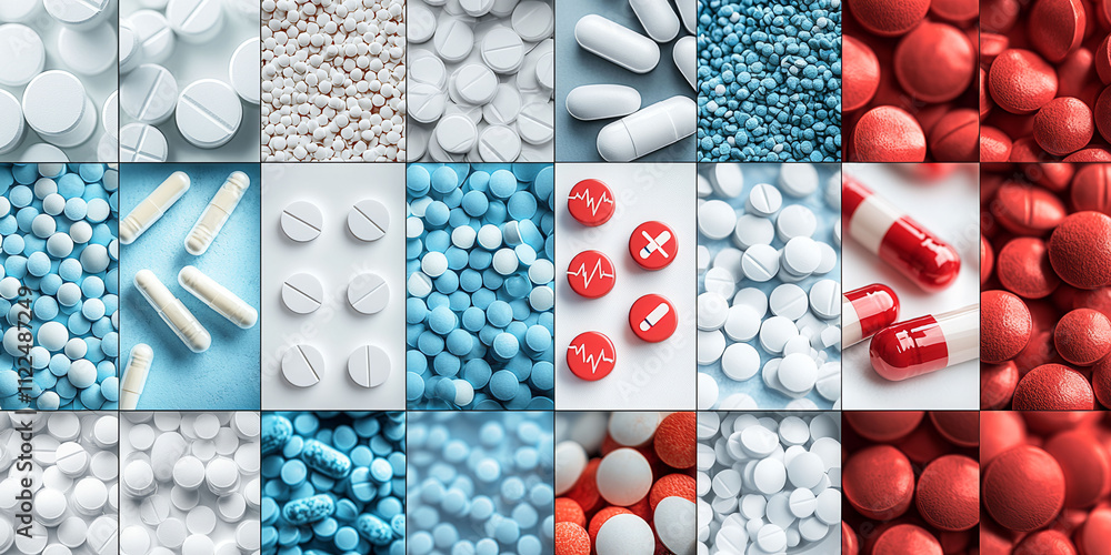 Poster a collage of pills in various colors and shapes. concept of diversity and complexity, as each pill i