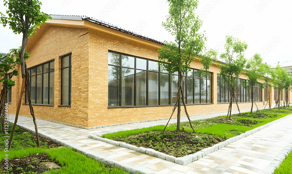 Poster a modern building with large windows surrounded by greenery and pathways.