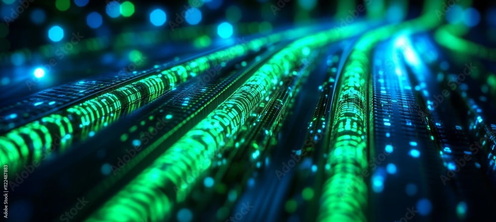 Aufkleber data flow transfer on glowing green internet cable. wireless online speed network. generative ai tec
