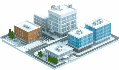 A digital illustration of a modern business complex with multiple buildings and roads.