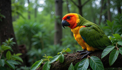 Sun parakeet perched on branch in dense green jungle