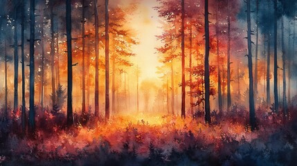 Obraz premium Watercolor painting of a forest. Suitable for nature themed designs, posters, and greeting cards.