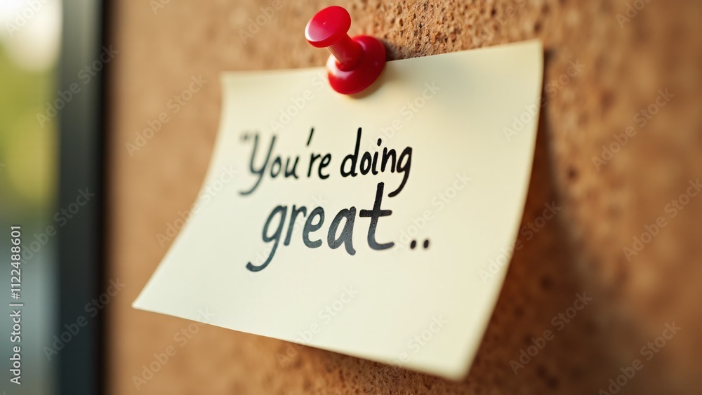 Poster close-up of a white post-it note pinned to a corkboard with a red push pin. the phrase 