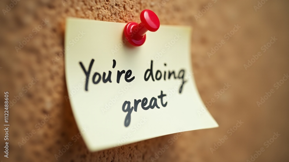 Poster close-up of a white post-it note pinned to a corkboard with a red push pin. the phrase 