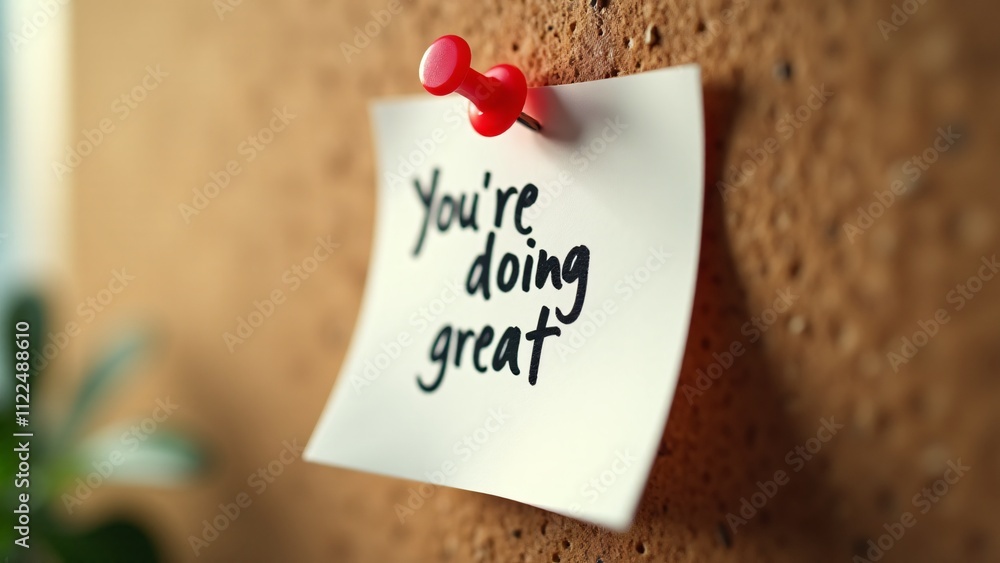 Poster close-up of a white post-it note pinned to a corkboard with a red push pin. the phrase 