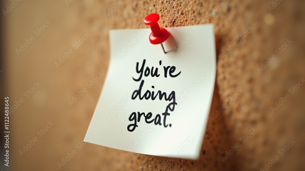 Poster close-up of a white post-it note pinned to a corkboard with a red push pin. the phrase 
