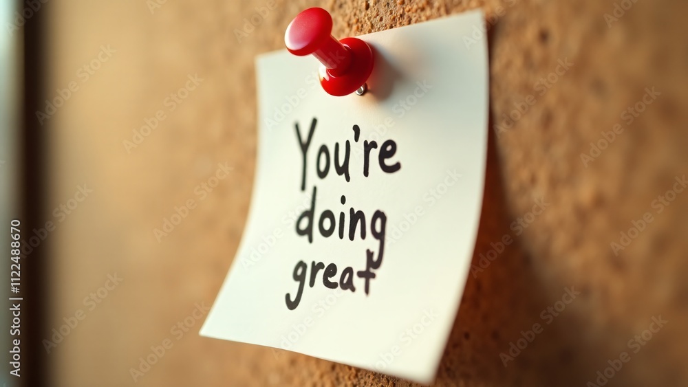 Poster close-up of a white post-it note pinned to a corkboard with a red push pin. the phrase 
