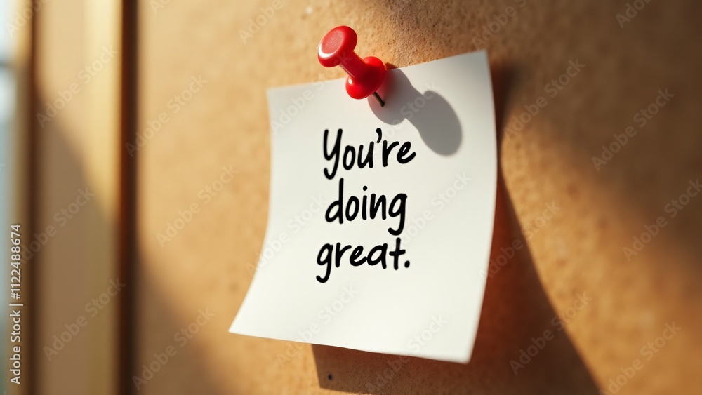 Poster close-up of a white post-it note pinned to a corkboard with a red push pin. the phrase 