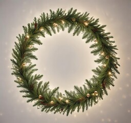 Fototapeta premium Fir tree branches arranged in a circular shape on a white background with Christmas lights and decorations , festive, ornaments, light