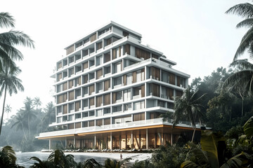 Obraz premium Modern hotel building surrounded by lush greenery and palm trees near a beach.