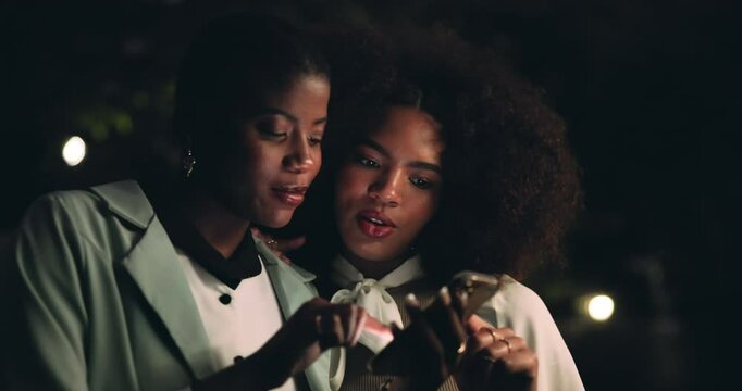 Black women, city and phone outdoor with night, social media and conversation with travel. Taxi app, internet and friends with location share for safety in the dark with bonding and discussion