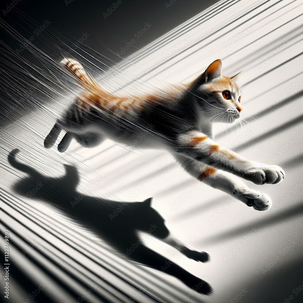Poster capture a cat leaping onto a surface with dynamic lines and blur