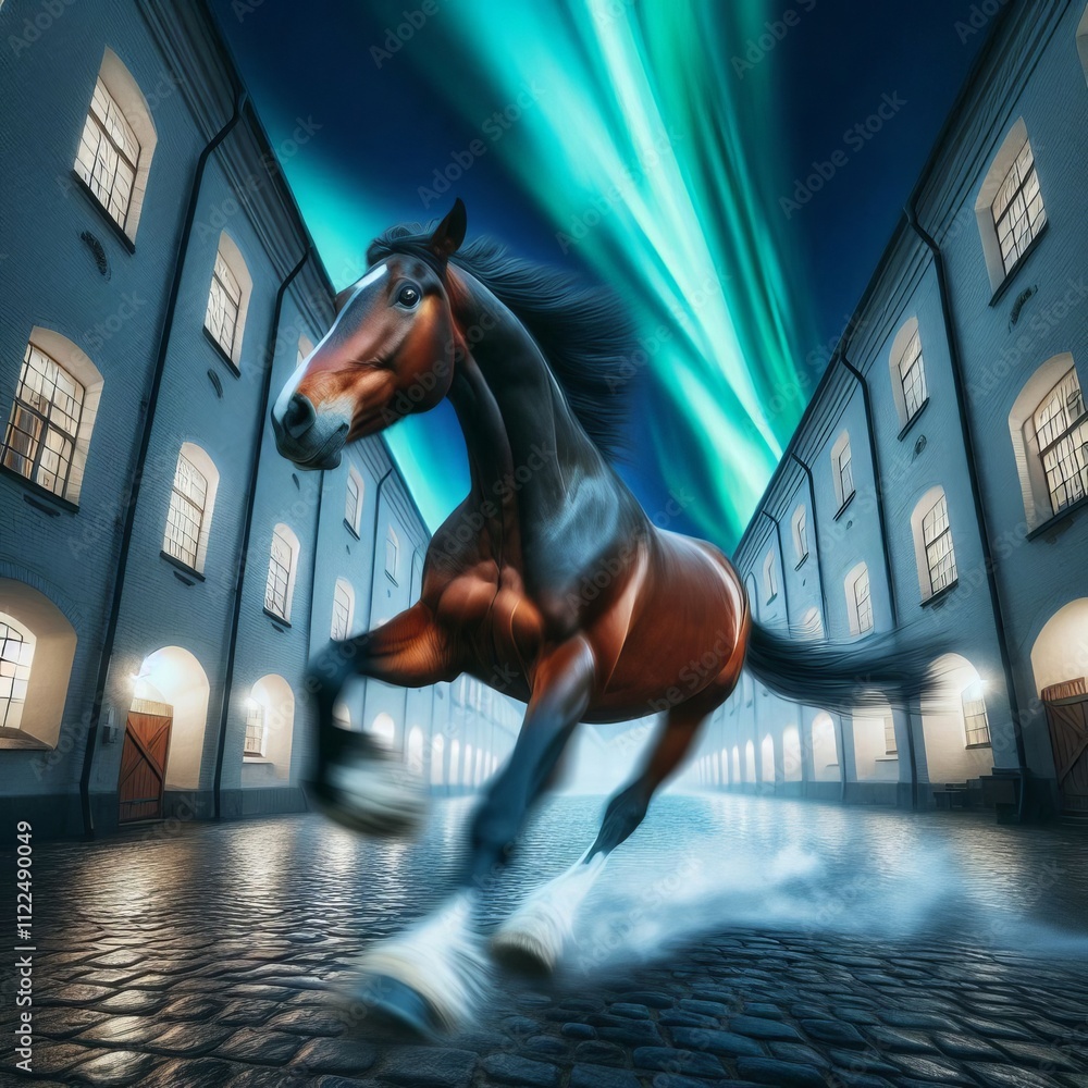 Poster capture a horse running in a courtyard with aurora borealis with