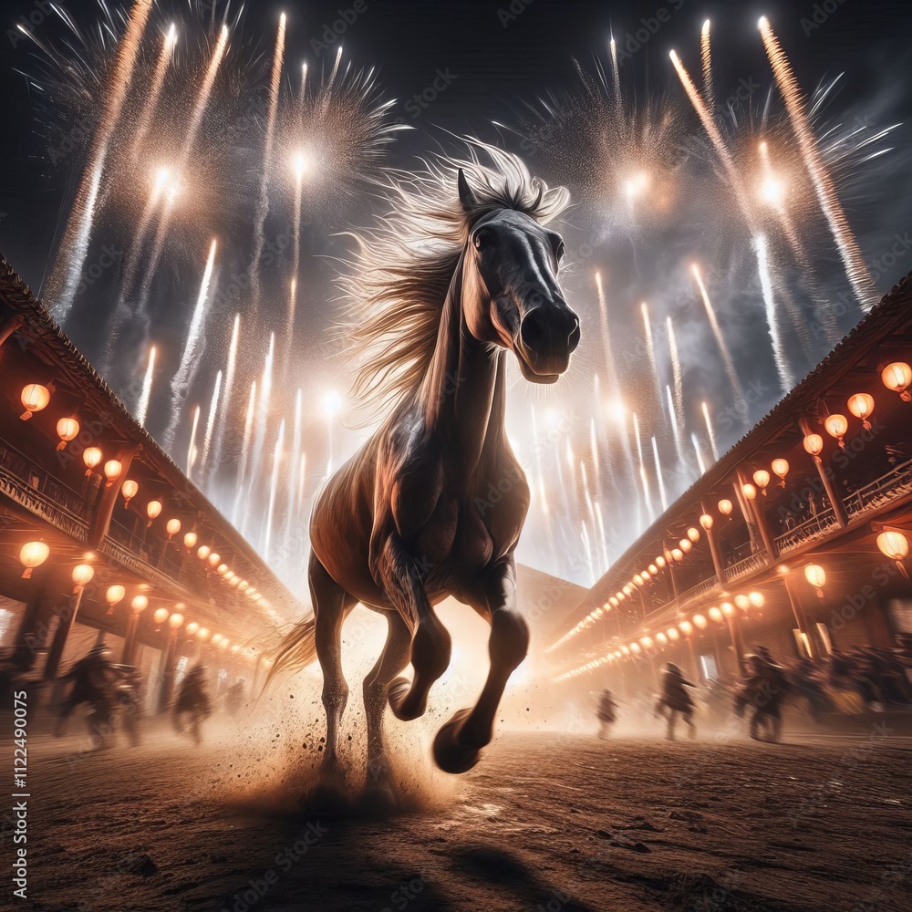 Poster capture a horse running in a courtyard with fireworks with blurr