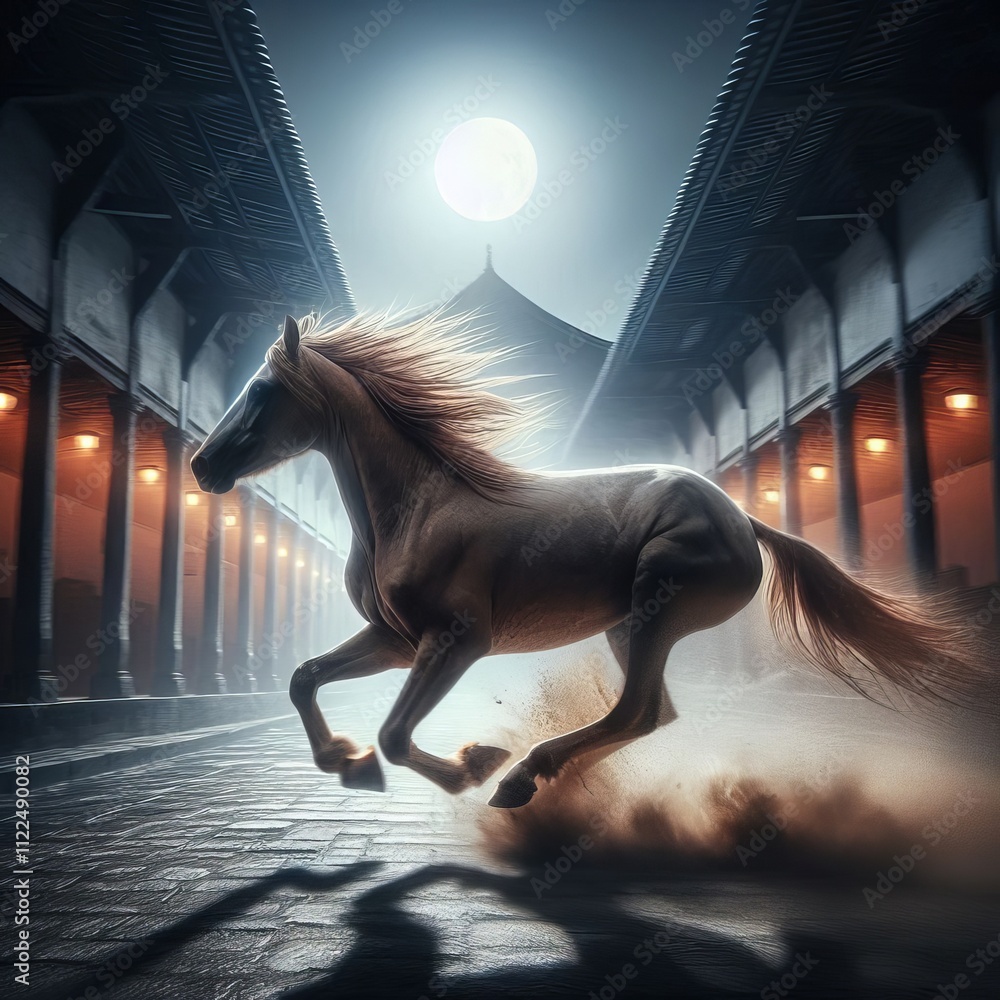 Poster capture a horse running in a courtyard with moonlight with blurr