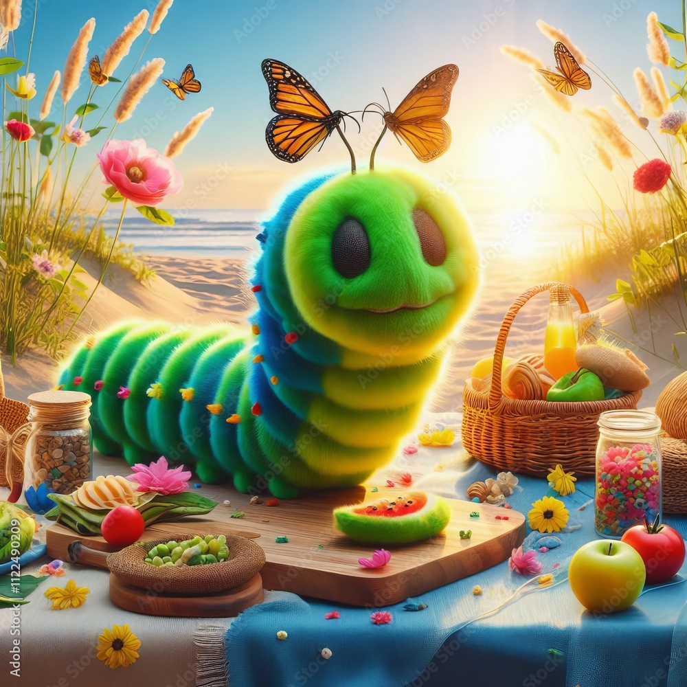 Poster caterpillar puppet segmented body crawling slowly transforming i