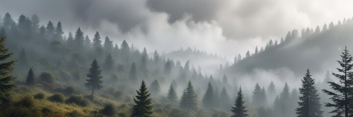Fototapeta premium A misty forest with fog rolling in off the hills and trees shrouded in mystery, fog, shrouded trees, mystical atmosphere