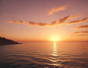 Obraz premium A serene and peaceful atmosphere with soft orange hues at sunset over the Mediterranean Sea, serene, orange, peaceful