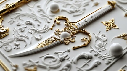 Ornate Gold And White Dagger On Embossed Panel