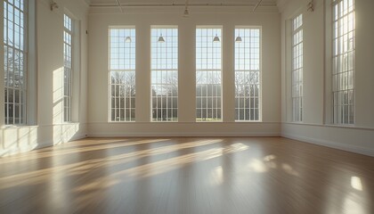 Obraz premium Sunlit Spacious Room with Large Windows and Hardwood Floor: A Serene Interior Design