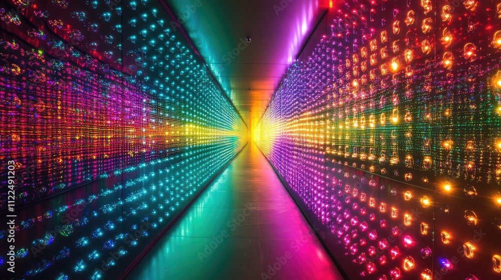 Poster mirrors and led lights arranged to form an infinite tunnel illusion, with a spectrum of vibrant colo
