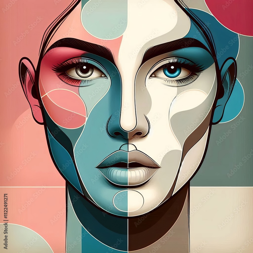 Poster color block face a face divided into sections of different color