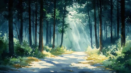 Fototapeta premium Watercolor painting of a forest. Suitable for nature themed designs, posters, and greeting cards.