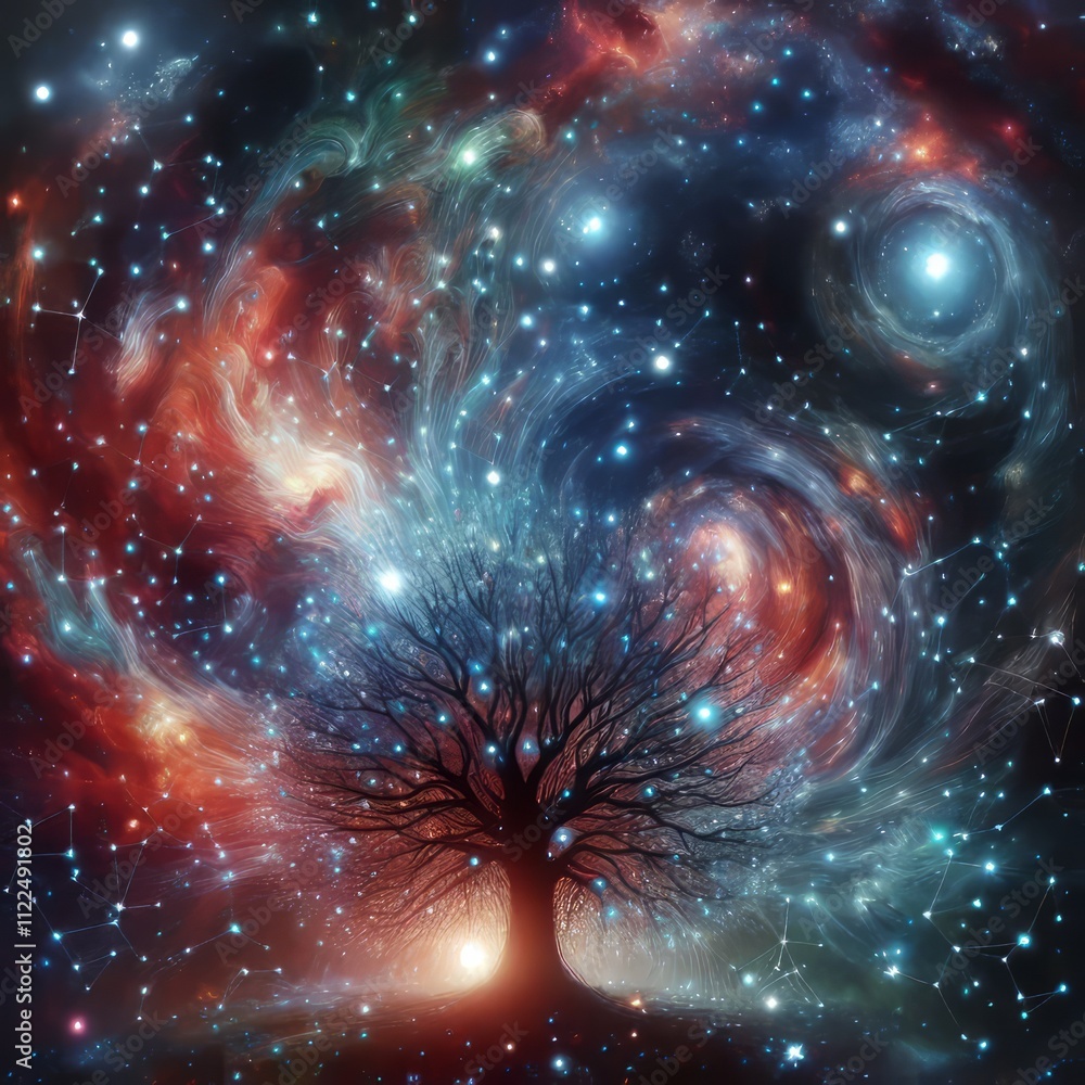 Poster cosmic tree a tree with branches reaching into a swirling galaxy