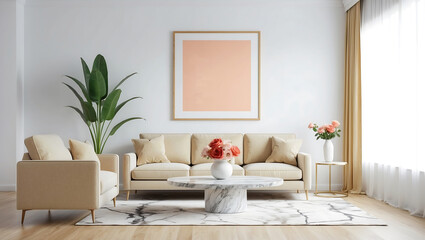 Fototapeta premium Contemporary interior design of the living room in soft neutral tones. Interior mockup. Frame & poster mockup in Boho style interior.