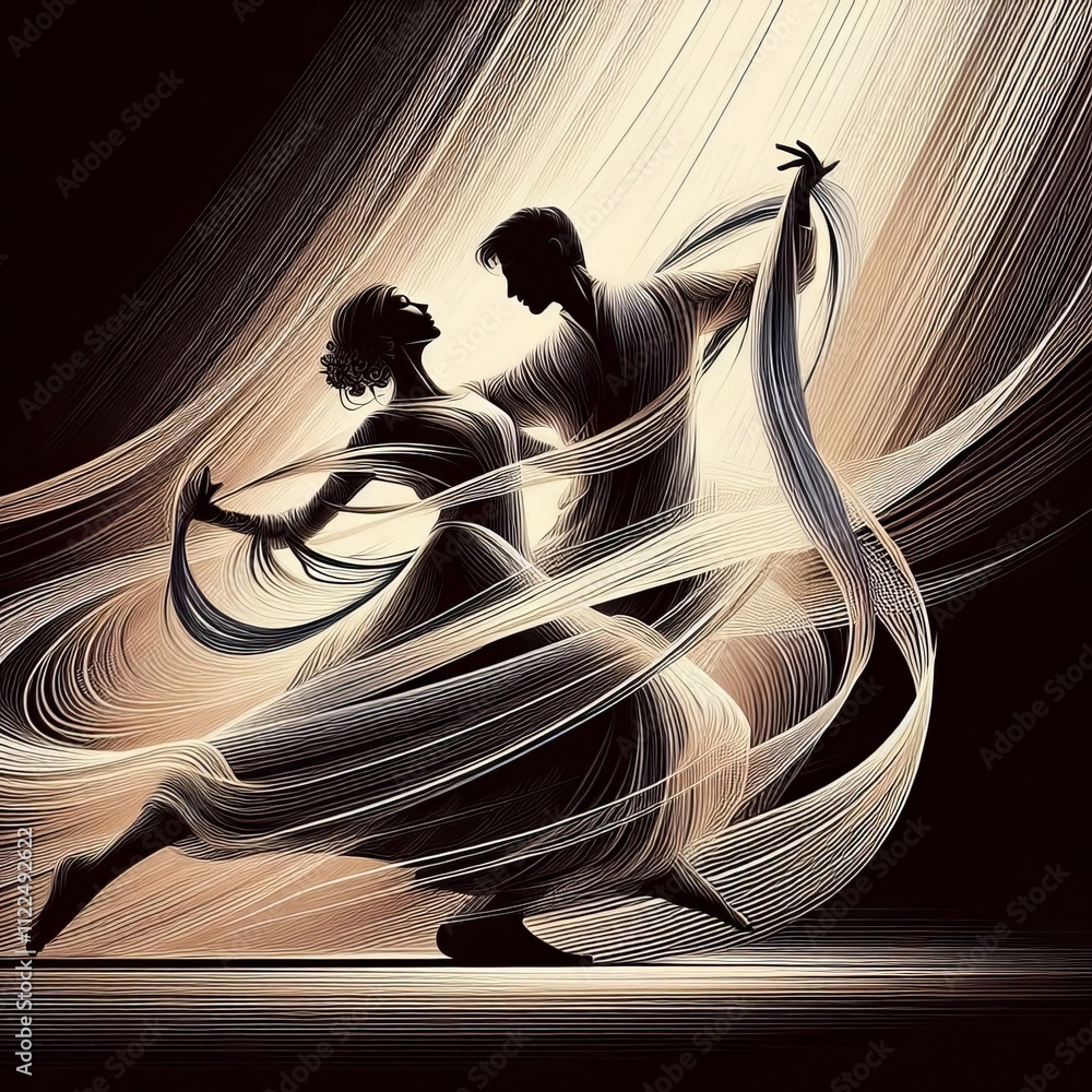 Poster depict a couple dancing using flowing lines and blurred edges to