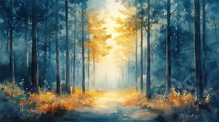 Obraz premium Watercolor painting of a forest. Suitable for nature themed designs, posters, and greeting cards.