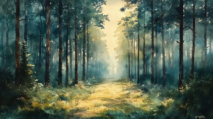 Fototapeta premium Watercolor painting of a forest. Suitable for nature themed designs, posters, and greeting cards.