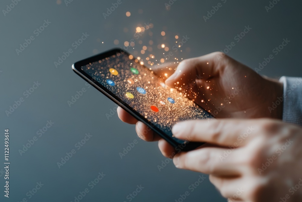 Poster pair of hands holding smartphone with magical sparkles and colorful icons displayed on screen