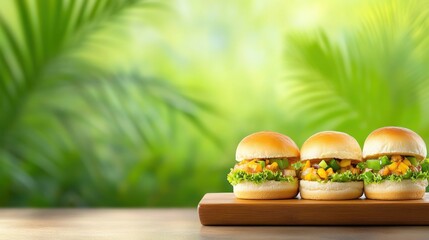 Three delicious sliders with fresh greens and toppings, set against a vibrant, tropical background.