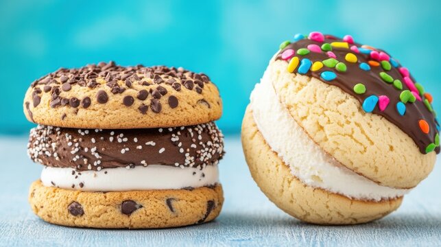Colorful ice cream sandwiches with chocolate and sprinkles, set against a vibrant blue background, perfect for dessert lovers.