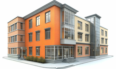 Obraz premium Modern multi-story building with glass and brick facade, designed for office or commercial use.
