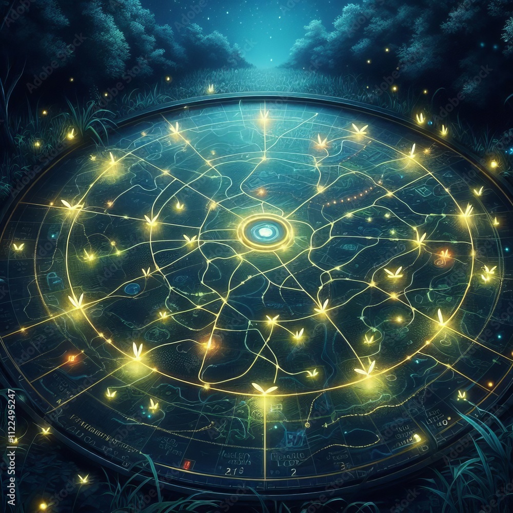 Poster firefly fields night time map with luminous creature paths