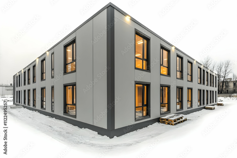 Poster modern modular building with large windows in a snowy environment.