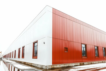 Fototapeta premium A modern industrial building with red and white exterior, featuring large windows.