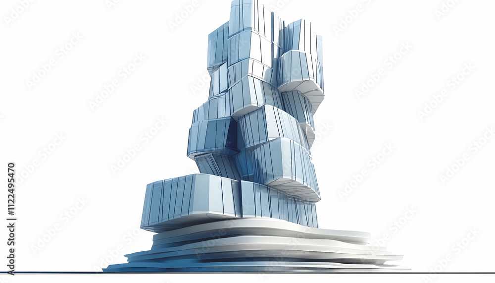 Poster abstract sculpture resembling stacked blocks with a dynamic, modern design.