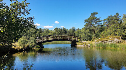 Serene wooden bridge reflecting in tranquil water under a clear blue sky