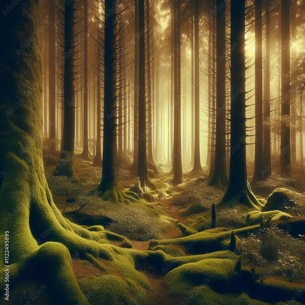 Poster forest of dreams a forest filled with towering sentinel trees th