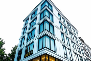 Obraz premium Modern building with large windows and sleek design in an urban setting.
